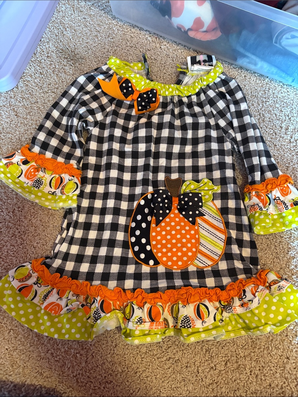 Rare Editions Black Gingham Pumpkin Appliqué Dress with Orange & Lime Accents
